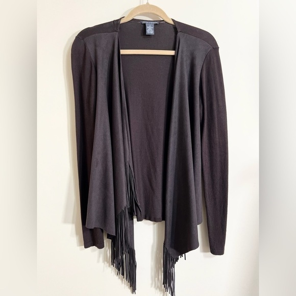 CHELSEA & THEODORE Women’s Faux Suede Open‎ Cardigan Brown Fringe Jacket Medium - Picture 2 of 10